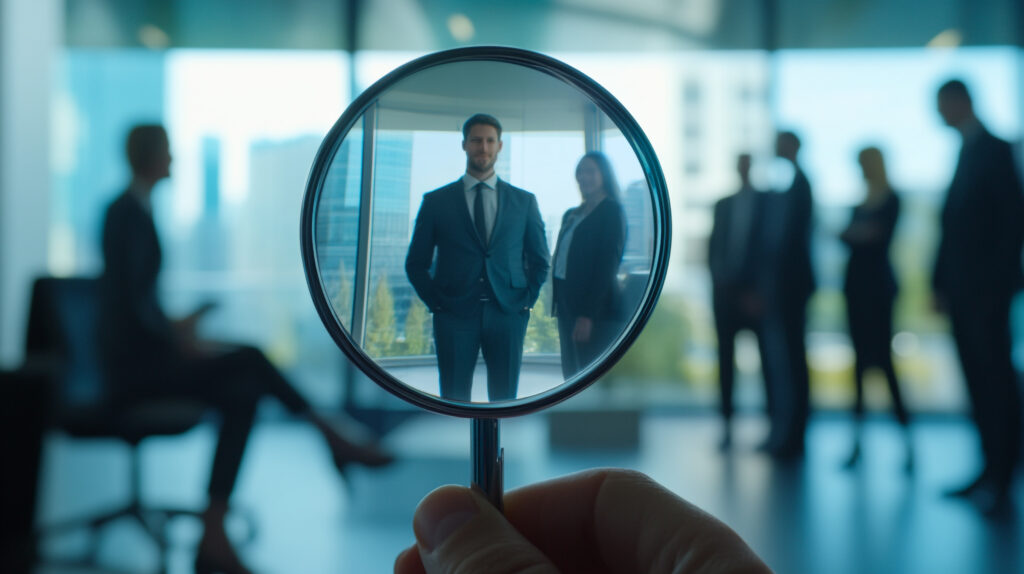 Personne en costume vue à travers une loupe.