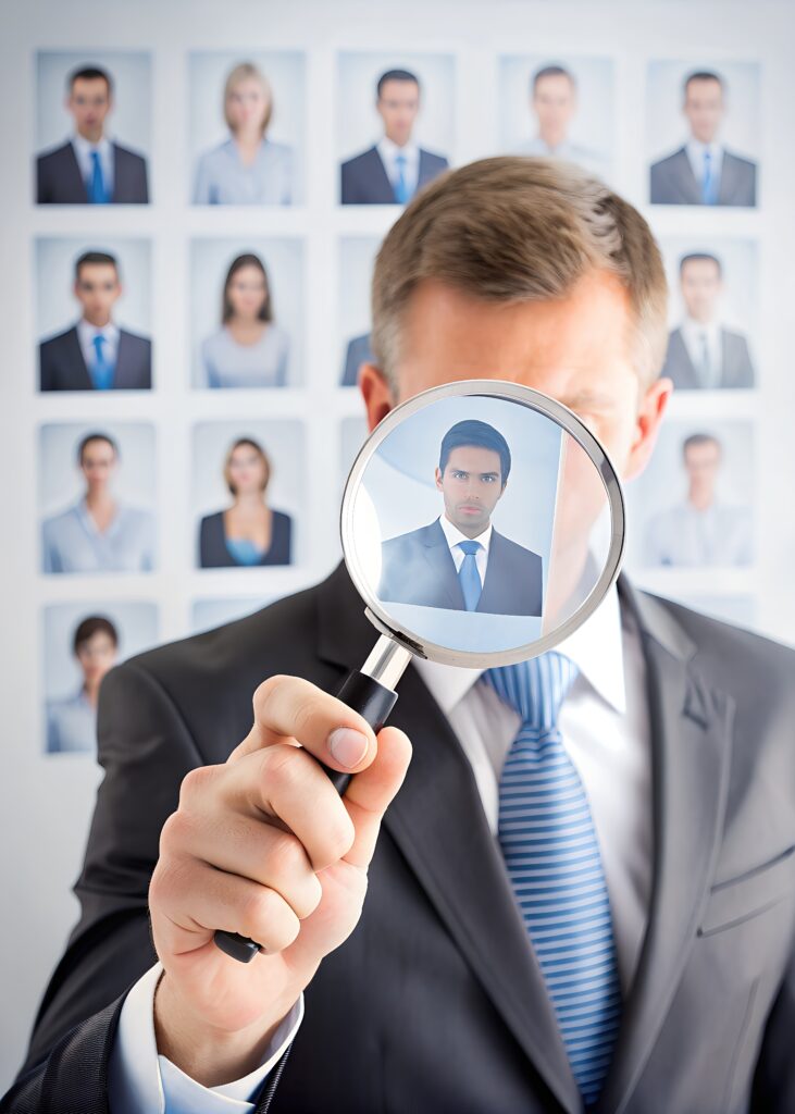 Homme inspectant portrait avec loupe, mur arrière portraits.