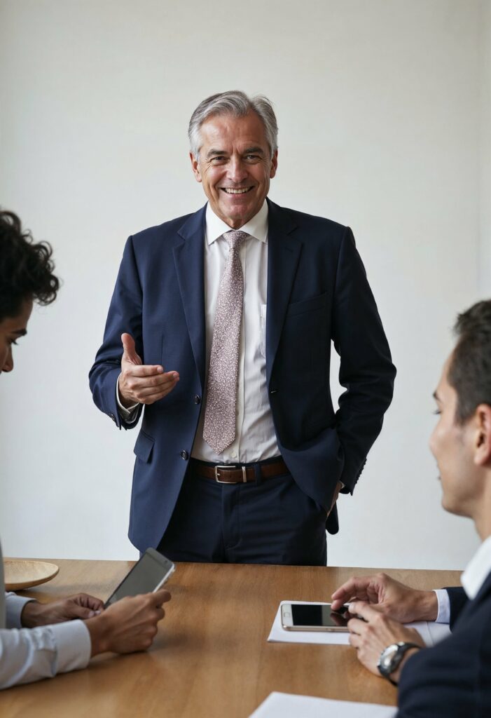 Homme en costume parlant à une réunion professionnelle.