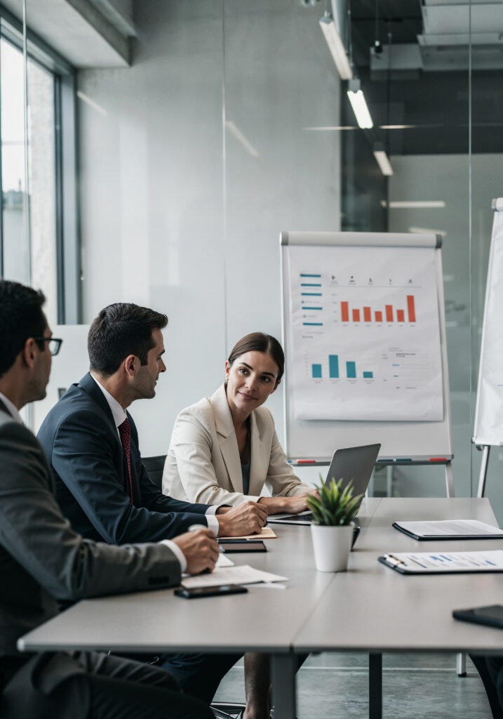 Réunion d'affaires avec graphiques et discussions.