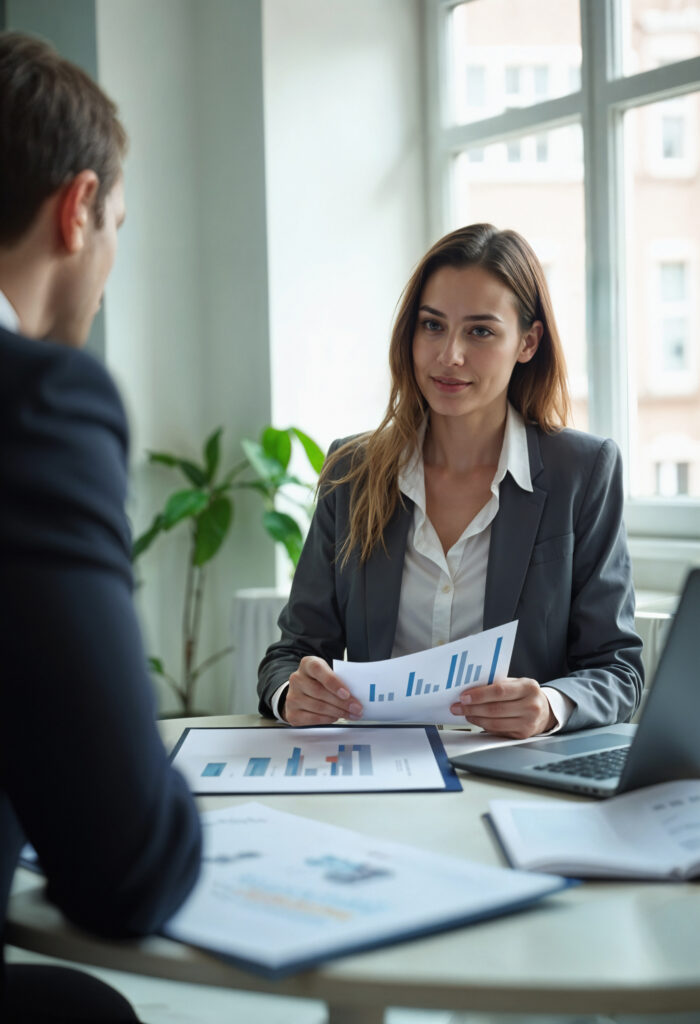Réunion avec documents graphiques sur la table.