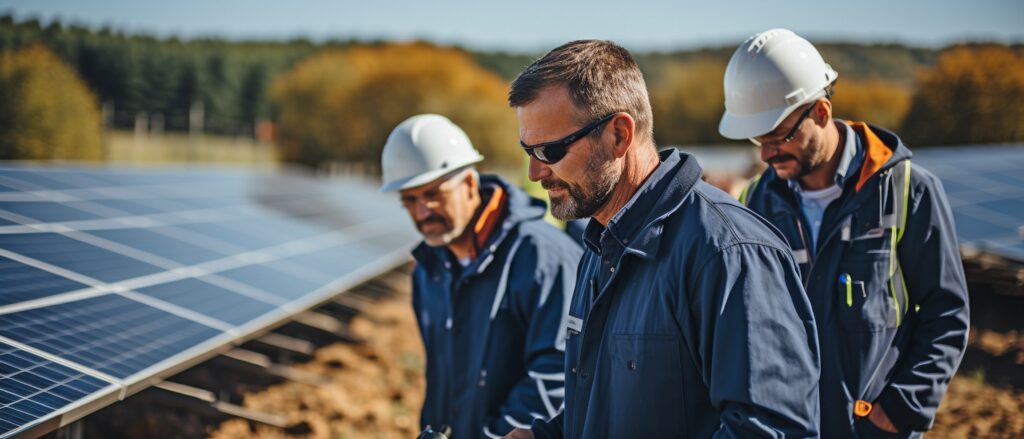 Ingénieurs inspectant panneaux solaires sur site extérieur.