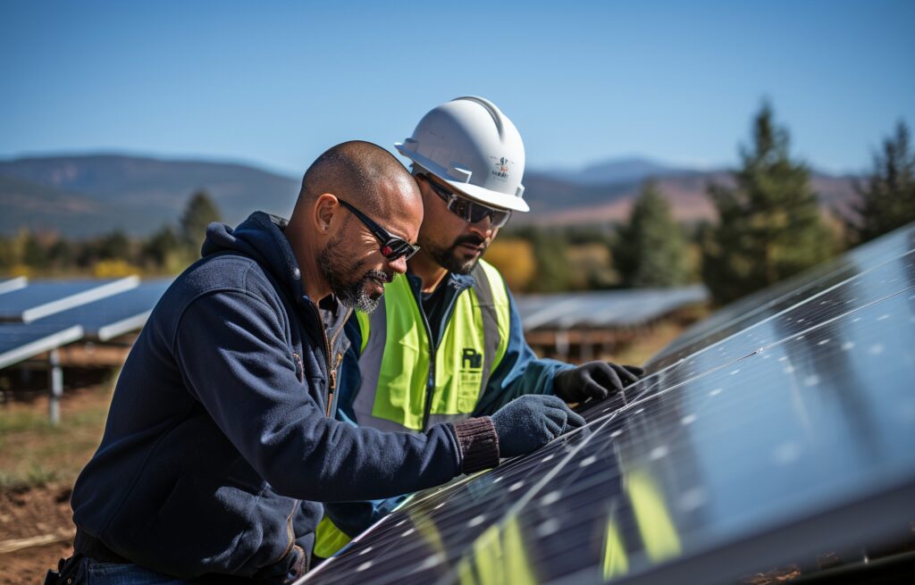 Deux techniciens inspectent des panneaux solaires