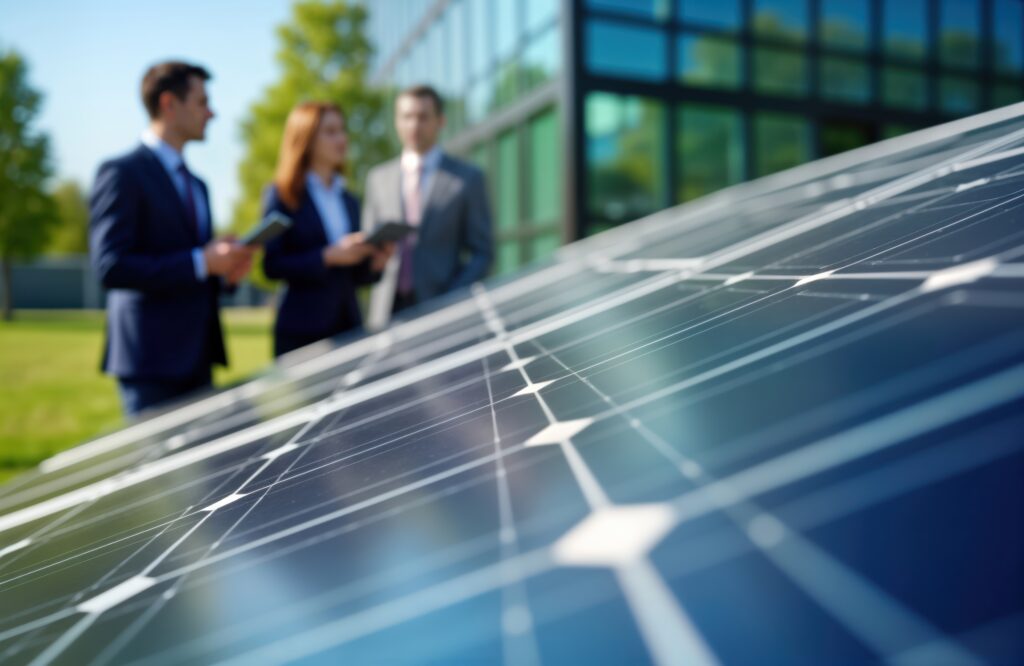 Personnes discutant près de panneaux solaires, bâtiment moderne.