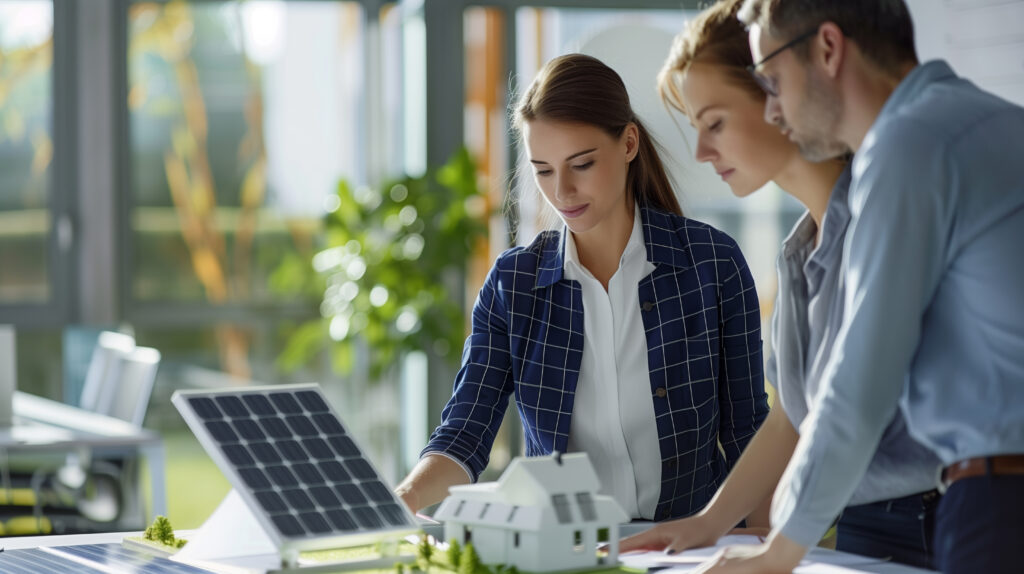 Professionnels discutant autour de panneaux solaires et maquette.