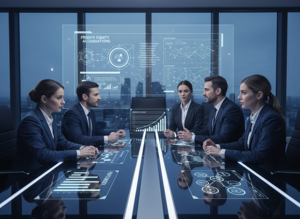 Réunion d'affaires avec graphiques projetés.