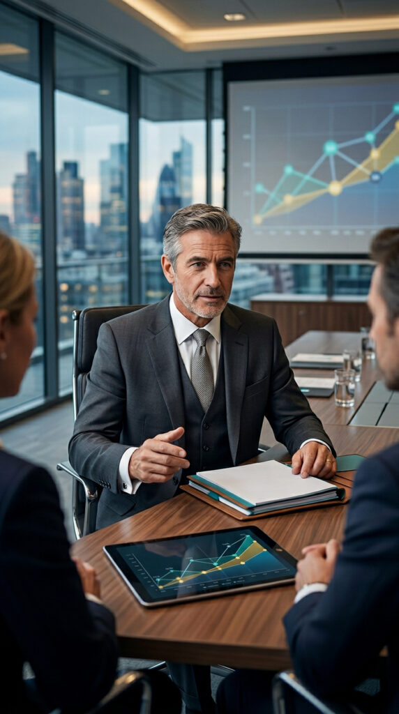 Réunion d'affaires avec présentation graphique.