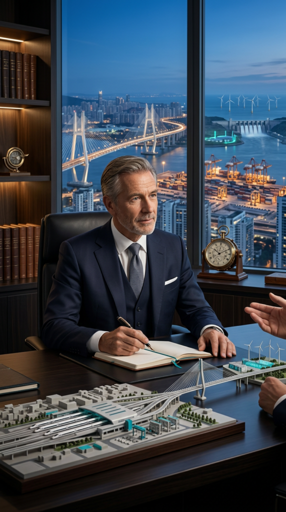 Homme en réunion, modélisation d'infrastructure sur table.