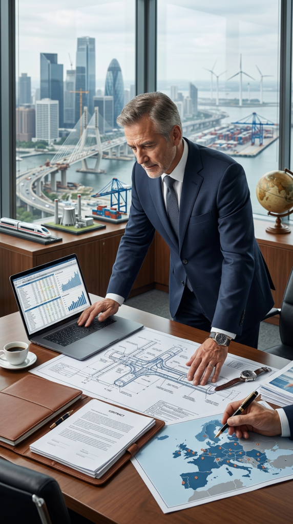 Homme en costume analysant plans et graphiques bureau.