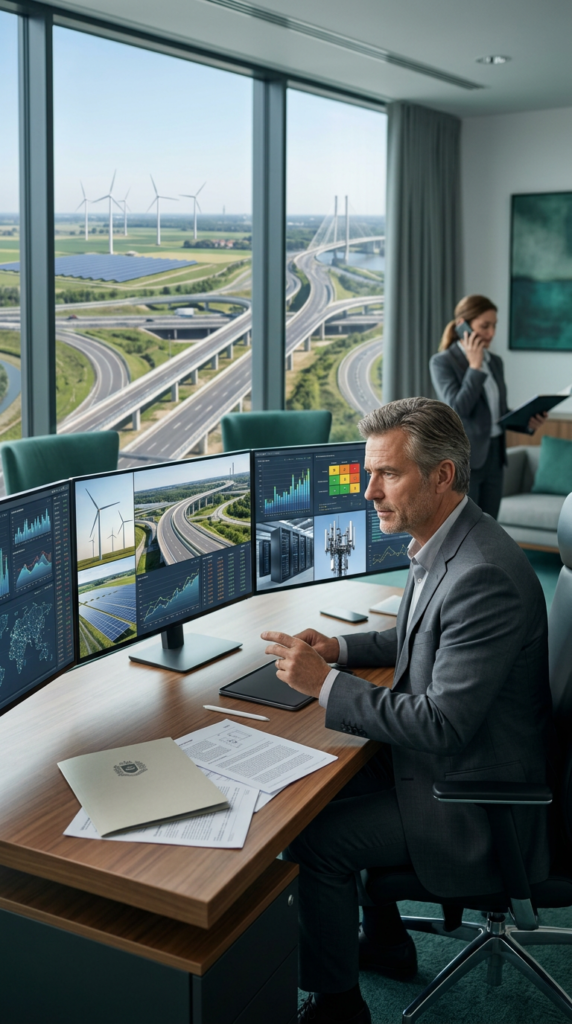 Homme travaillant, vue sur éoliennes et autoroutes.