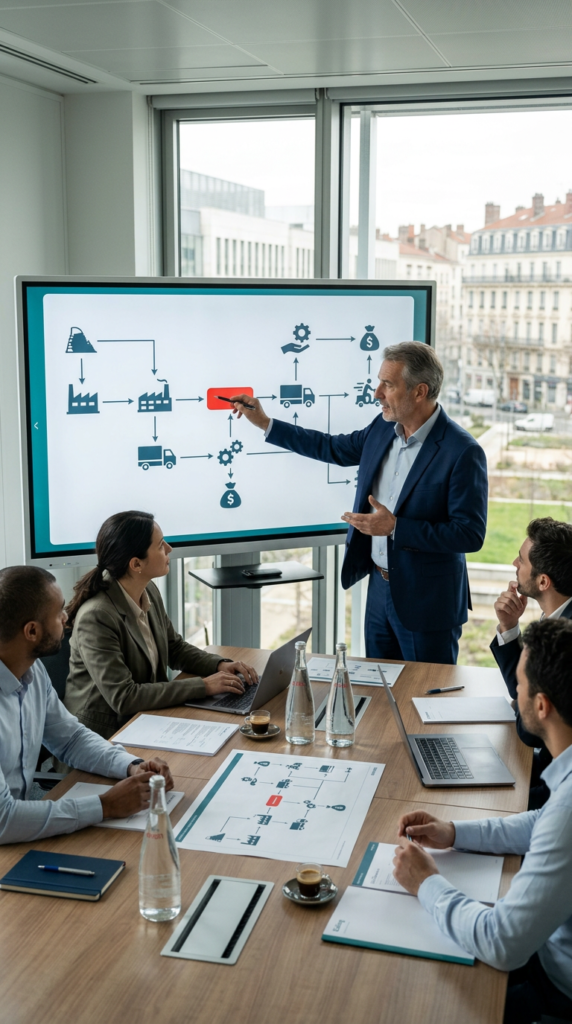 Présentation d'entreprise devant un tableau.