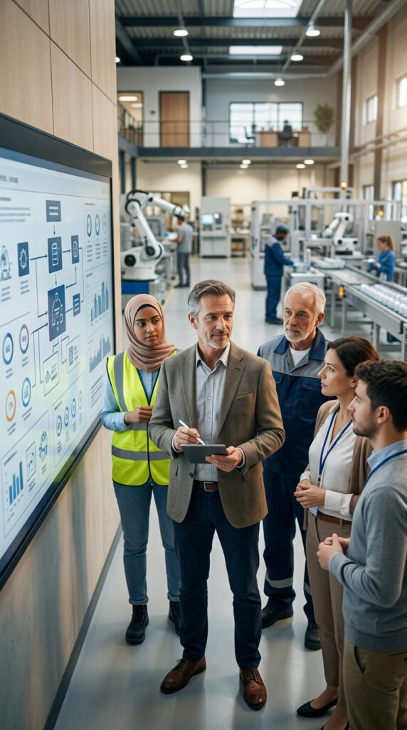 Réunion d'équipe dans une usine high-tech.