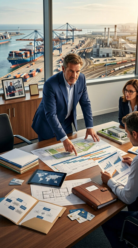 Réunion d'affaires portant sur projet portuaire.