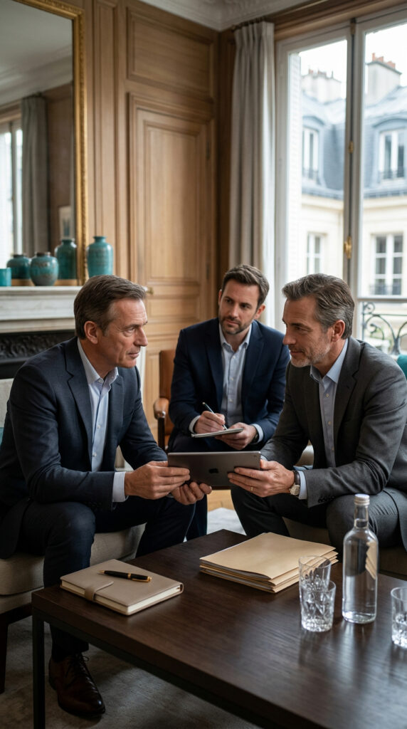 Réunion professionnelle entre trois hommes en costume.