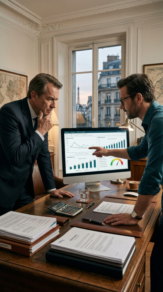 Discussion analyse graphique sur ordinateur au bureau