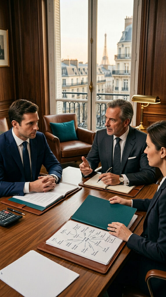 Réunion professionnelle avec vue sur la Tour Eiffel.