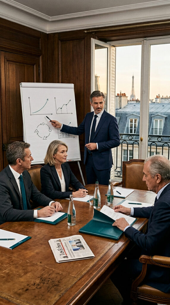 Réunion d'affaires avec présentation graphique au tableau.