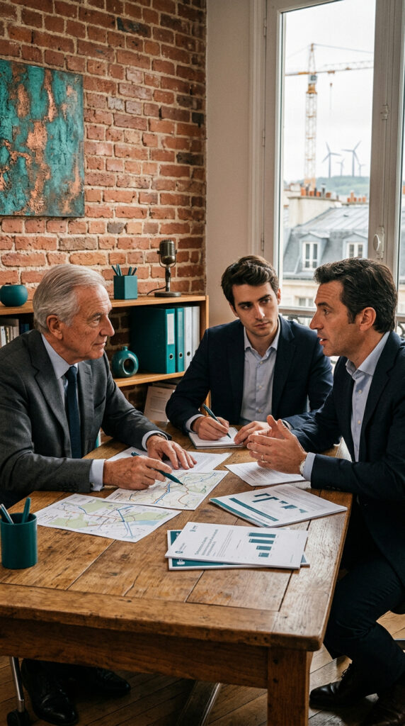 Réunion d'hommes en costume avec des documents.