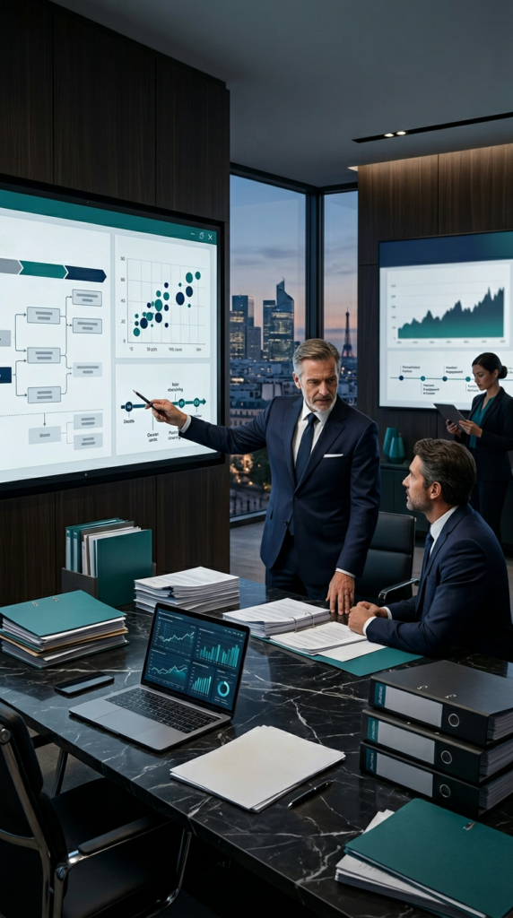 Réunion conférence, présentation graphique, bureau moderne.