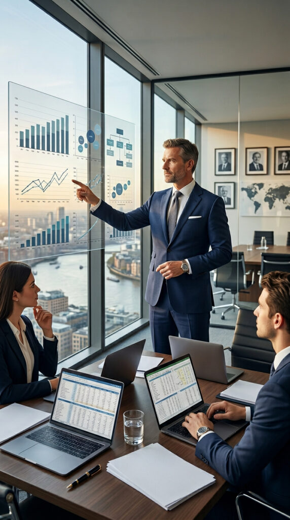 Réunion d'affaires avec présentation de graphiques.