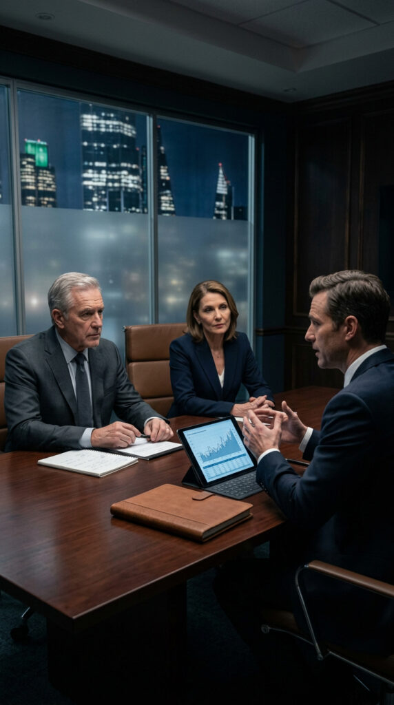 Réunion d'affaires nocturne avec graphiques sur ordinateur.